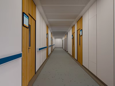 Modern Elevator Hallway With White And Wooden Walls Blue Handrails And Grey Speckled Floor 3d model