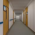 Modern Elevator Hallway With White And Wooden Walls Blue Handrails And Grey Speckled Floor