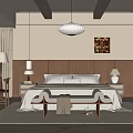 Warm Natural Bedroom With Wooden Beams Pendant Light Upholstered Bed Nightstands Lamps And Curtains
