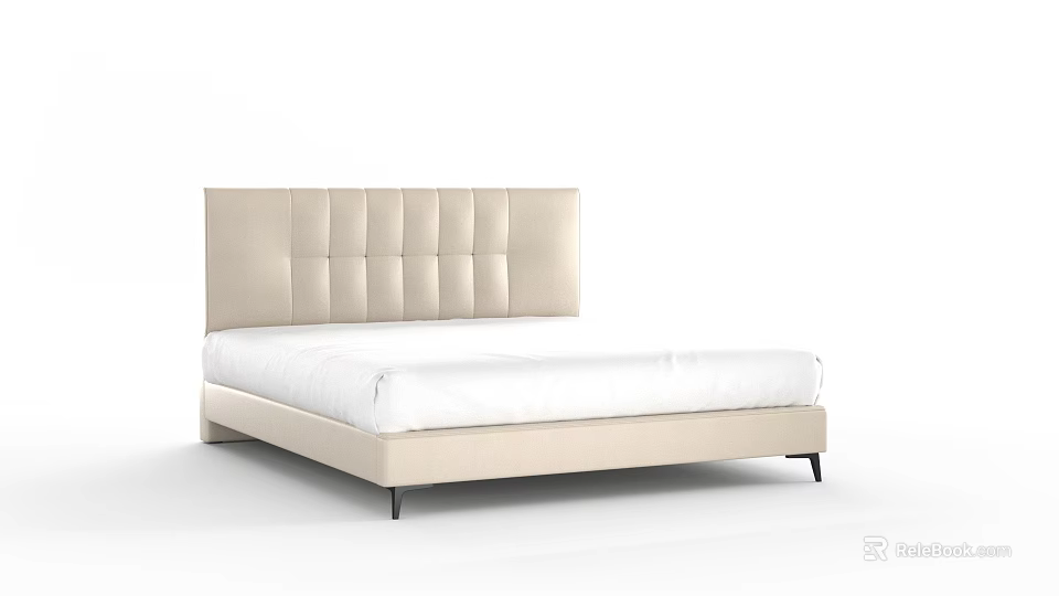 Modern Beige Double Bed With Square Tufted Headboard And Low Profile Frame 3d model
