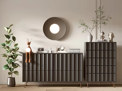 Stylish Gray Entryway Console Cabinet And Sideboard With Round Mirror Potted Plant And Metal Legs 3d model