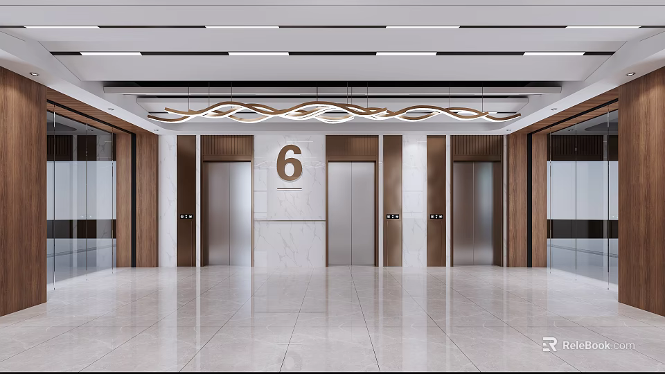Modern Elevator Lobby Featuring Number 6 Ceiling Decoration Marble Walls And Wooden Elements 3d model