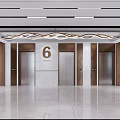Modern Elevator Lobby Featuring Number 6 Ceiling Decoration Marble Walls And Wooden Elements 3d model