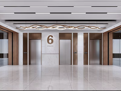 Modern Elevator Lobby Featuring Number 6 Ceiling Decoration Marble Walls And Wooden Elements 3d model