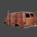 Abandoned Old Orange Van With Rusted Body Broken Glass And Leaves