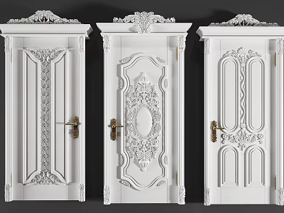 White Classical Hinged Doors With Intricate Carved Patterns And Golden Handles 3d model
