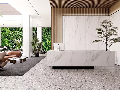 Modern Public Office Space Interior With Marble Reception Counter Greenery Wall And Wooden Panels 3d model