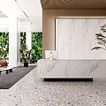 Modern Public Office Space Interior With Marble Reception Counter Greenery Wall And Wooden Panels