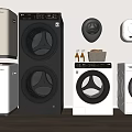 Modern Household Appliances Display Including Washing Machines And Refrigerators In Different Colors