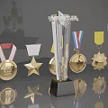 Golden Trophies and Medals Display With Various Designs And Colorful Ribbons