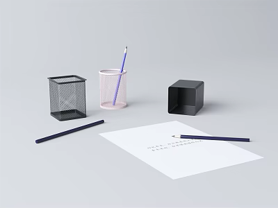 Office Stationery Collection Featuring Black Mesh Pen Holder Pink Container Pencils And White Paper 3d model
