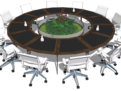 Modern Round Conference Table with White Office Chairs and Central Green Plant 3d model