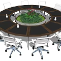 Modern Round Conference Table with White Office Chairs and Central Green Plant