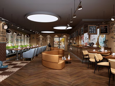 Cozy Café Interior With Wooden Flooring Round Pendant Lights Booth Seating And Menu Boards 3d model