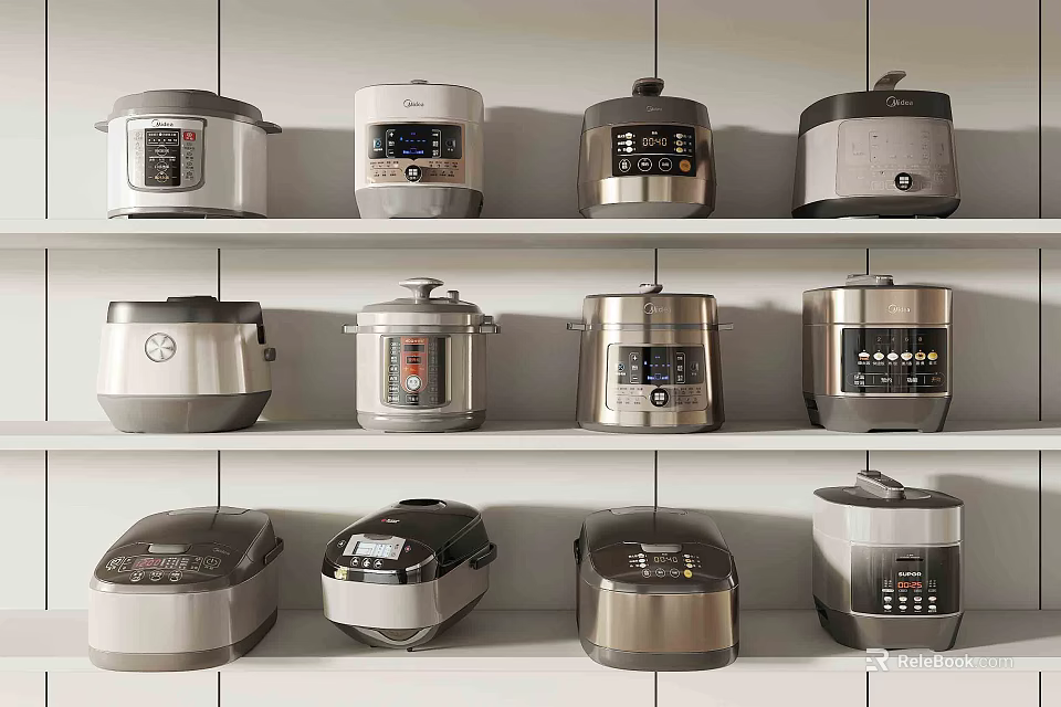 Neatly Arranged Kitchen Appliances Including Rice Cookers And Pressure Cookers On White Shelves 3d model 