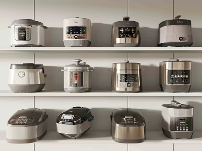 Neatly Arranged Kitchen Appliances Including Rice Cookers And Pressure Cookers On White Shelves 3d model