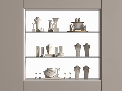 Elegant Jewelry Display Cabinet With Multiple Shelves Mannequins And Various Pieces 3d model