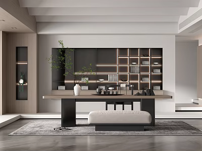 Modern Minimalist Tea Room Interior Design With Long Wooden Table Shelves And Decorative Plants 3d model