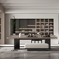 Modern Minimalist Tea Room Interior Design With Long Wooden Table Shelves And Decorative Plants
