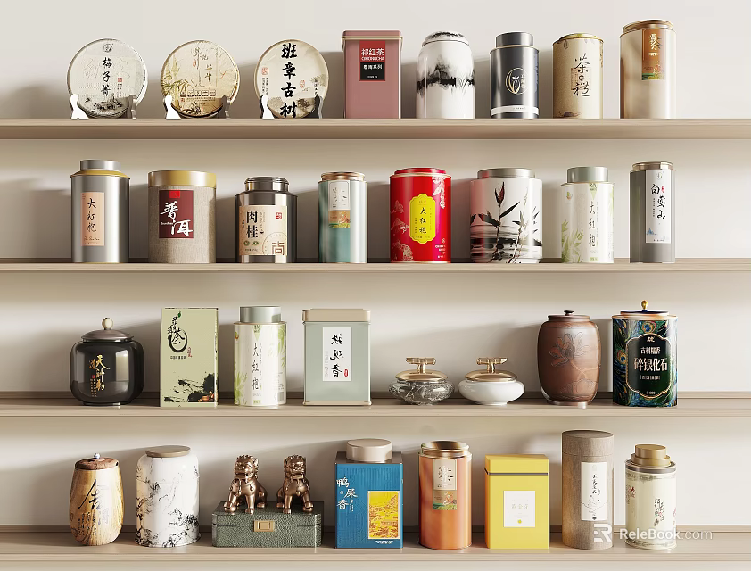 Stylish Tea Wares Collection with Various Tea Cans on Wooden Shelves 3d model 