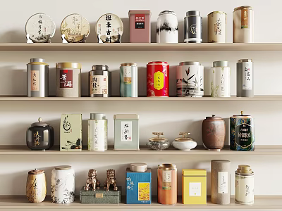 Stylish Tea Wares Collection with Various Tea Cans on Wooden Shelves 3d model