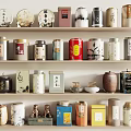 Stylish Tea Wares Collection with Various Tea Cans on Wooden Shelves