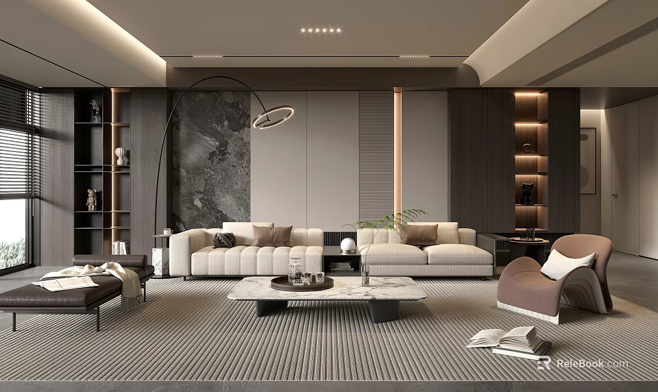 Modern Living Room Interior Design With Sofa Coffee Table And Bookshelves 3d model 