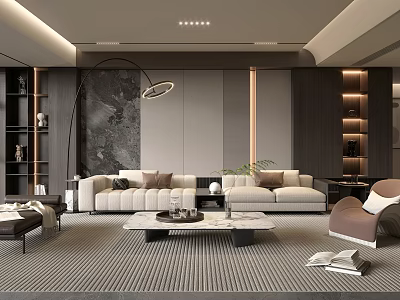 Modern Living Room Interior Design With Sofa Coffee Table And Bookshelves 3d model