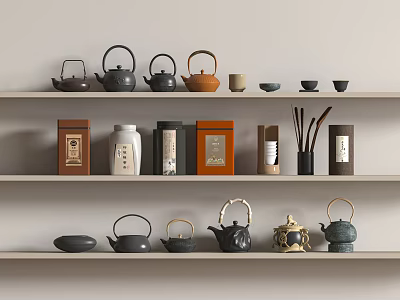 Minimalist Tea Sets Display With Various Teapots Teacups And Tea Canisters On Shelves 3d model