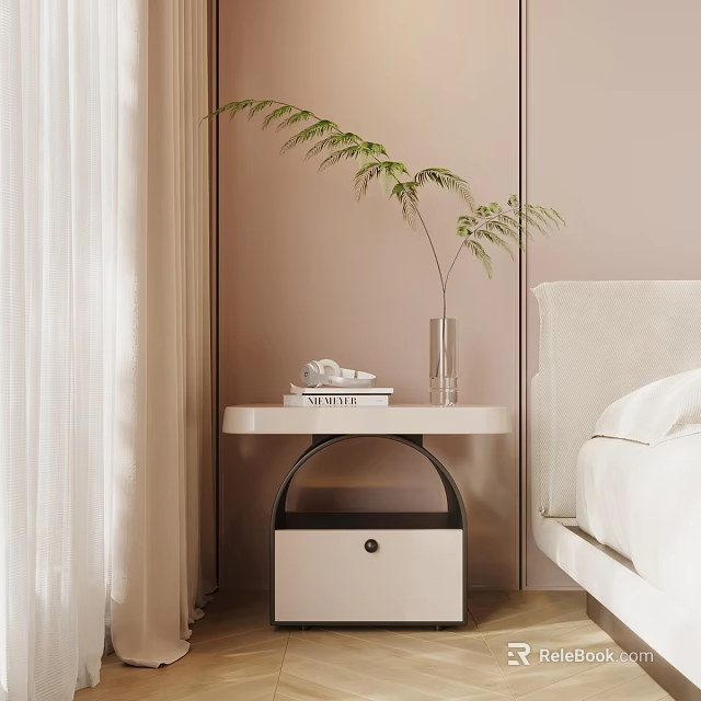 Modern Bedside Table with Books Vase and Green Plant Near White Bed 3d model 