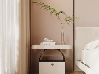 Modern Bedside Table with Books Vase and Green Plant Near White Bed 3d model