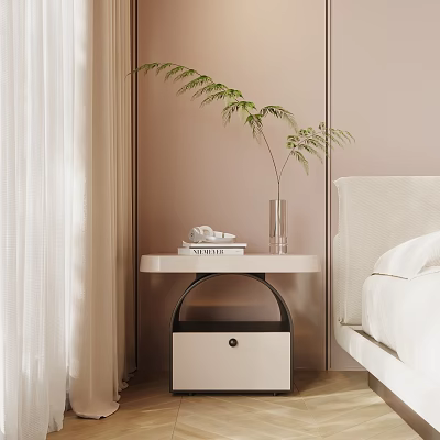 Modern Bedside Table with Books Vase and Green Plant Near White Bed 3d model