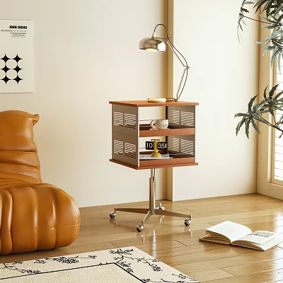 Side Table with Wooden Top Metal Frame Wheels and Storage Shelves in Living Room 3d model