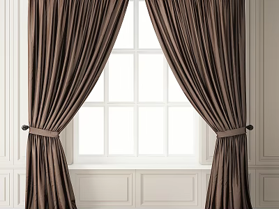 Luxurious Brown Velvet Curtains Draped Over White Framed Window In Interior With Paneled Walls 3d model