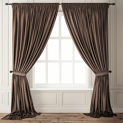 Luxurious Brown Velvet Curtains Draped Over White Framed Window In Interior With Paneled Walls 3d model