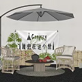 Outdoor Table With Rattan Chairs And Cantilever Umbrella And Plants In Camping Theme With Decorations