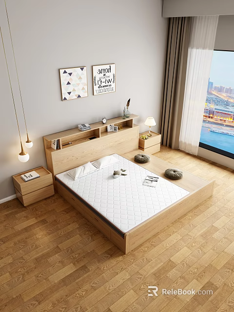 Comfortable White Mattress In Modern Bedroom With Wooden Bed Frame Nightstand And City View 3d model 