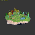 Cartoon Floating Island Scene With Green Meadow Trees Pond Mushroom House Flowers And Small Stones