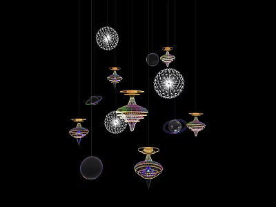 Intricate Hanging Decorative Orbs With Colorful Patterns Suspended Against Black Background 3d model