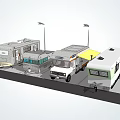 Different Types Of RV Campers Parked In Outdoor Parking Area With Street Lamps