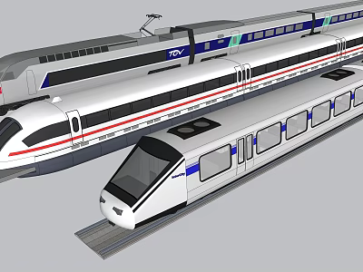 Multiple Modern Metro Trains With Sleek White Bodies And Blue Accents 3d model