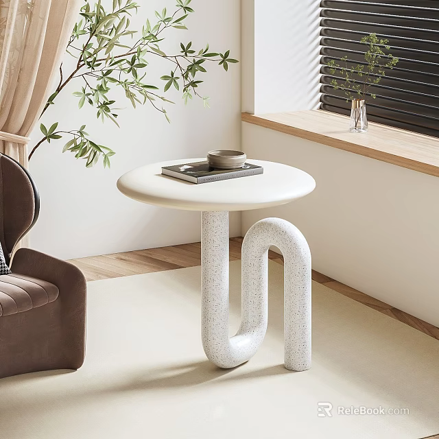 Round White Speckled Side Table With U Shaped Base Near Brown Chair And Window Plant 3d model 