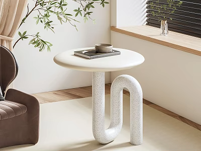 Round White Speckled Side Table With U Shaped Base Near Brown Chair And Window Plant 3d model