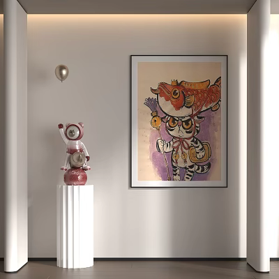 Oil Painting With Fish And Cat Near Pink Statue On White Pedestal And Golden Sphere 3d model
