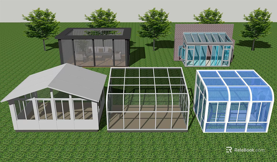 Various Greenhouse Structures With Glass Roofs Frames And Trees On Grass 3d model
