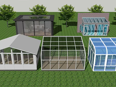 Various Greenhouse Structures With Glass Roofs Frames And Trees On Grass 3d model