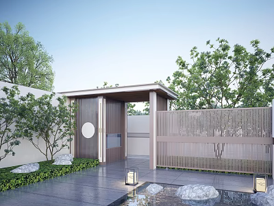 Modern Chinese Entrance Gate With Slatted Fence Trees Greenery And Lanterns 3d model