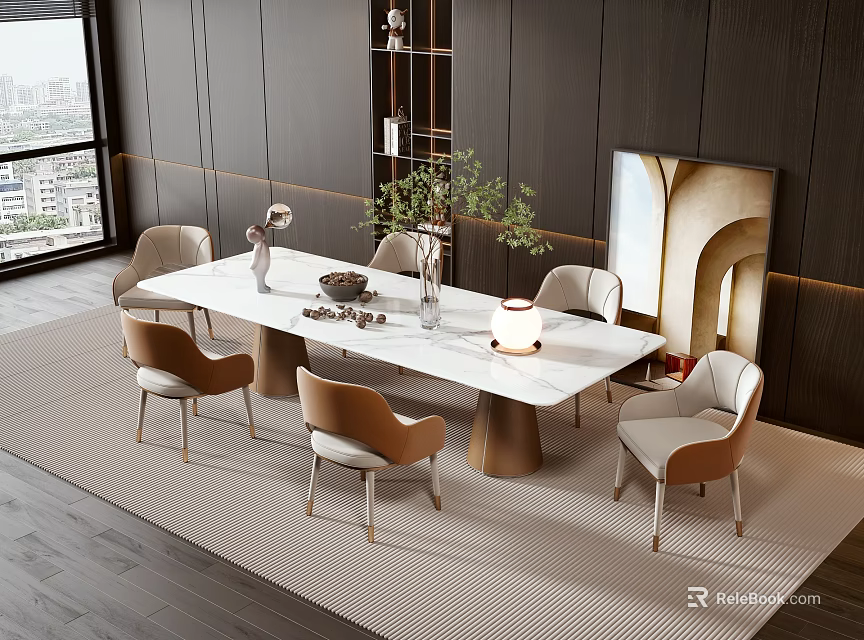 Modern Dining Table Set White Marble Beige Brown Chairs Decorative Vases Plants City View Window 3d model 