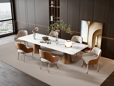 Modern Dining Table Set White Marble Beige Brown Chairs Decorative Vases Plants City View Window 3d model
