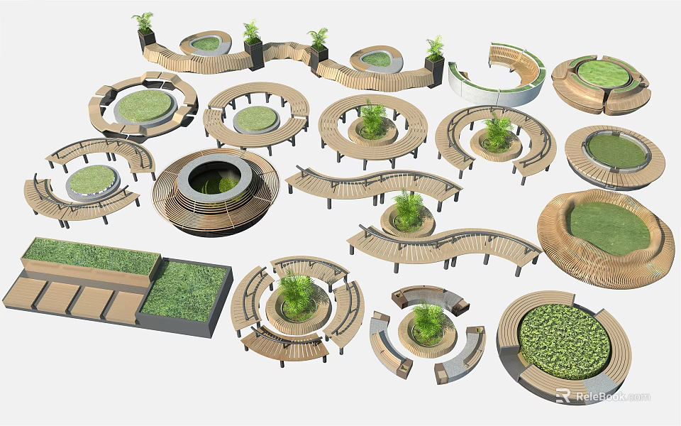 Various Wooden Tree Planters With Circular Curved Designs And Green Plants For Landscaping 3d model 